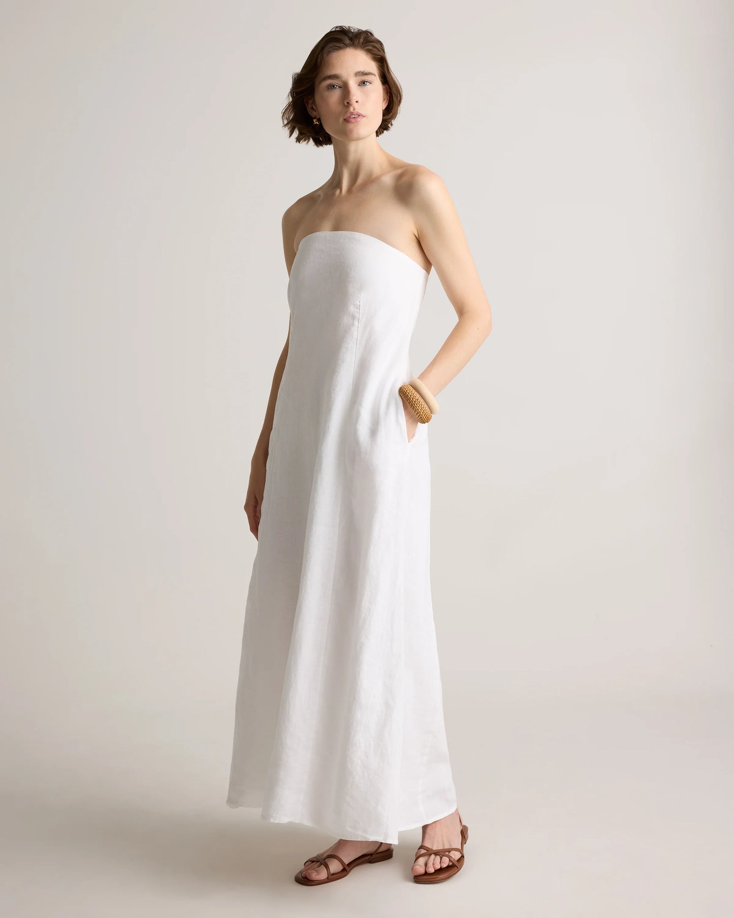 100% European Linen Strapless Maxi Dress - XS / Brick Red Heirloom Floral