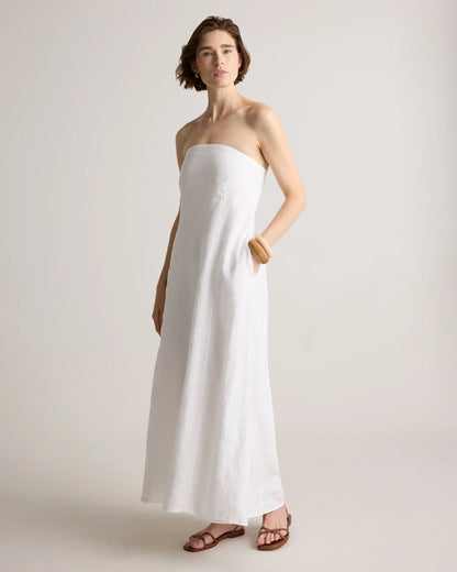 100% European Linen Strapless Maxi Dress - XS / Brick Red Heirloom Floral