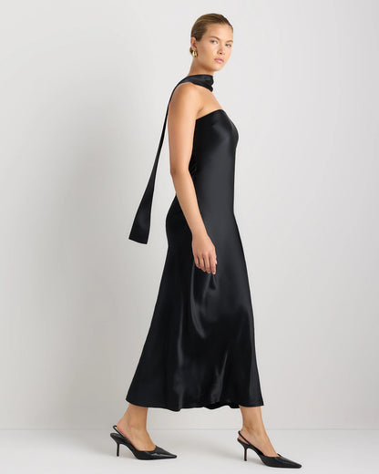 100% Washable Silk Strapless Scarf Maxi Dress - XS / Black