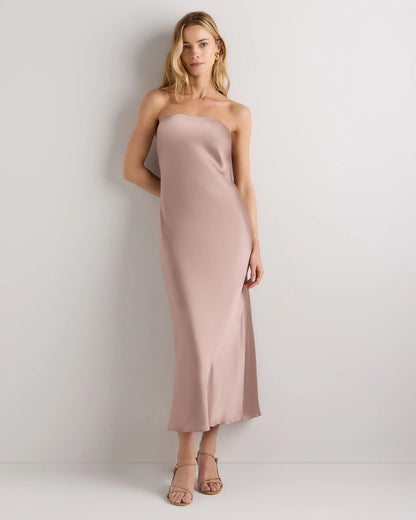 100% Washable Silk Strapless Midi Dress - XS / Hot Fudge