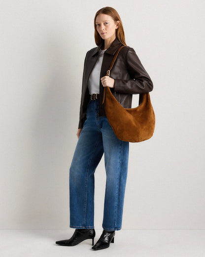 Italian Suede Crescent Shoulder Bag - One Size / Whiskey