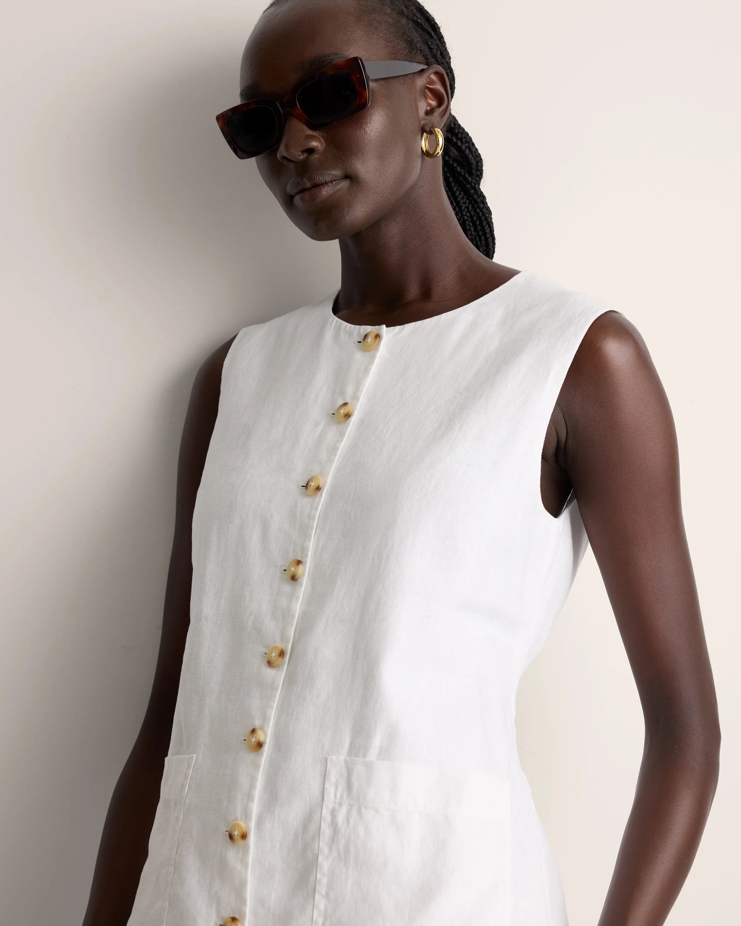 100% European Linen Longline Vest - XS / Taupe Brown Chambray