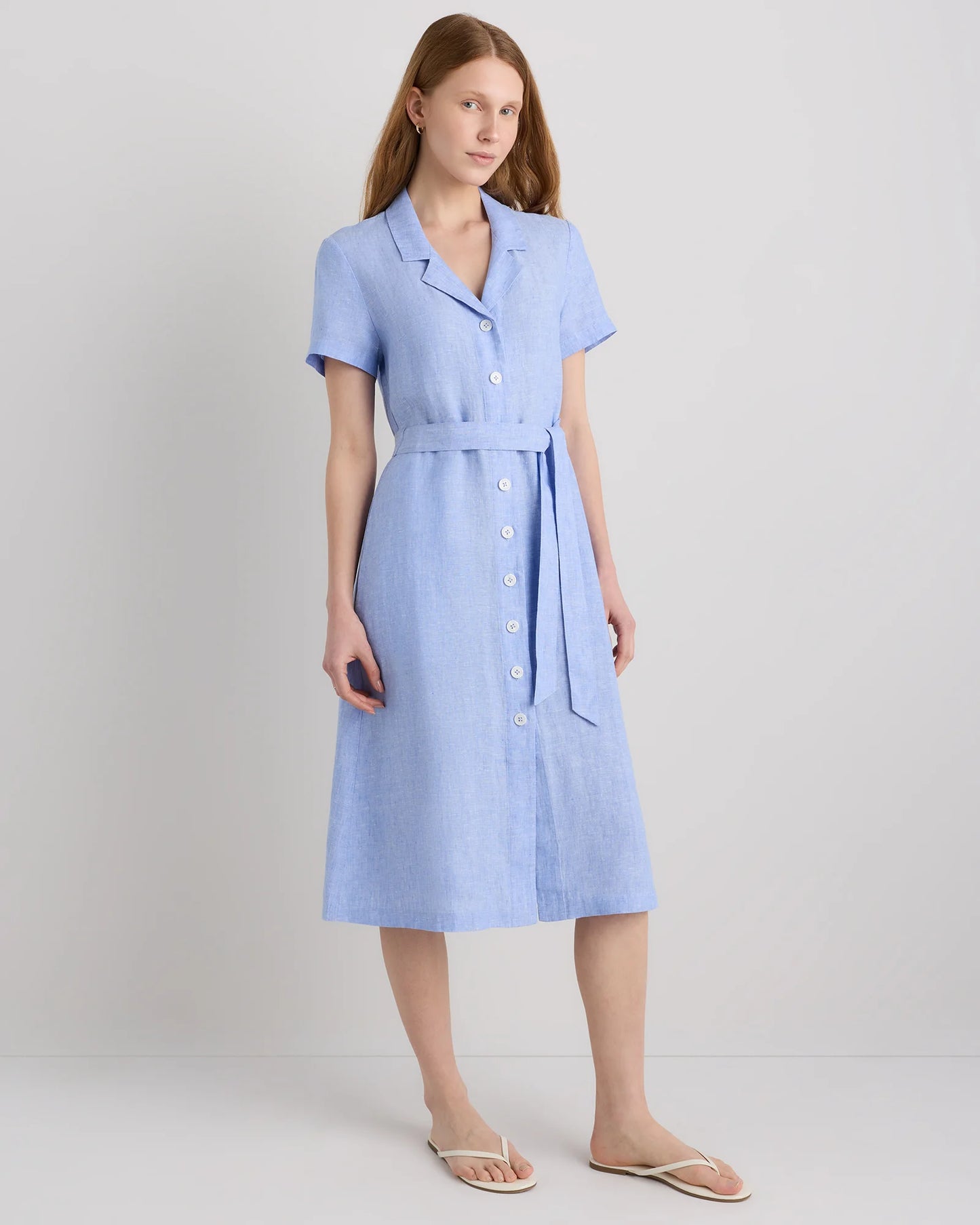 100% European Linen Button Front Dress - XS / Sky Blue Mariner Stripe