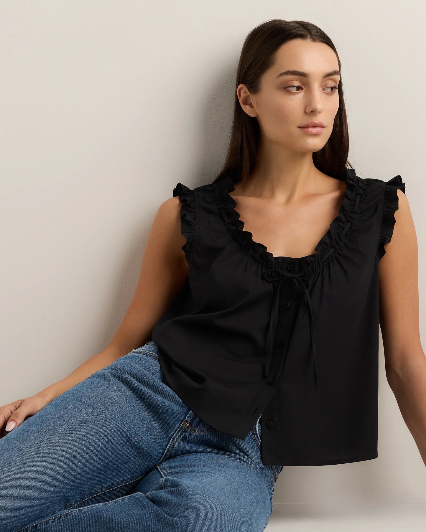 Cotton Viscose Voile Ruffle Trim Tank - XS / Classic Mini Gingham