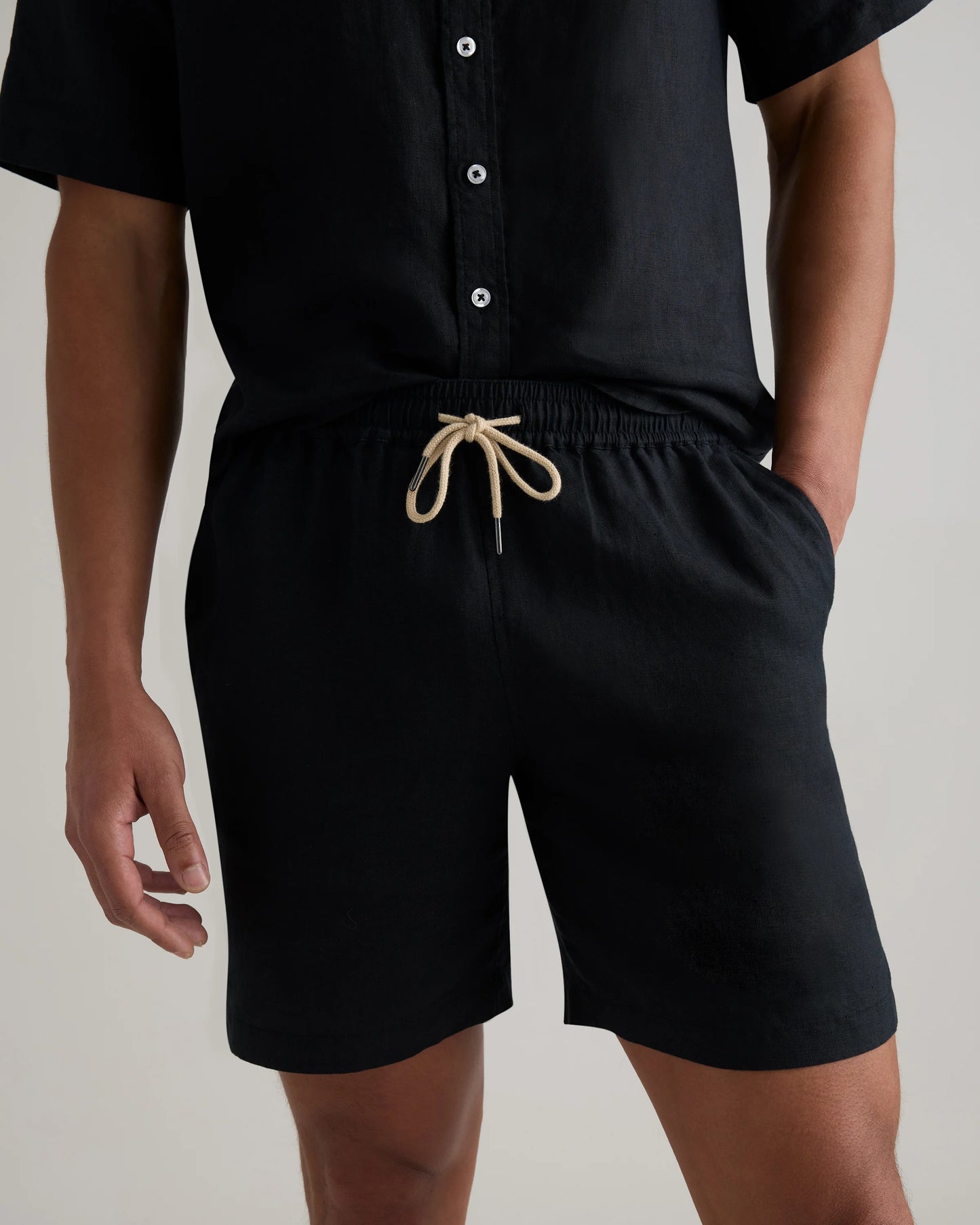 100% European Linen Drawstring Beach Shorts - 7" - XS / Taupe Brown Chambray