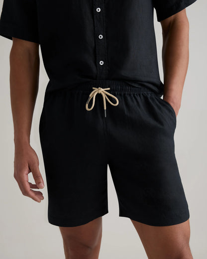 100% European Linen Drawstring Beach Shorts - 7" - XS / Taupe Brown Chambray
