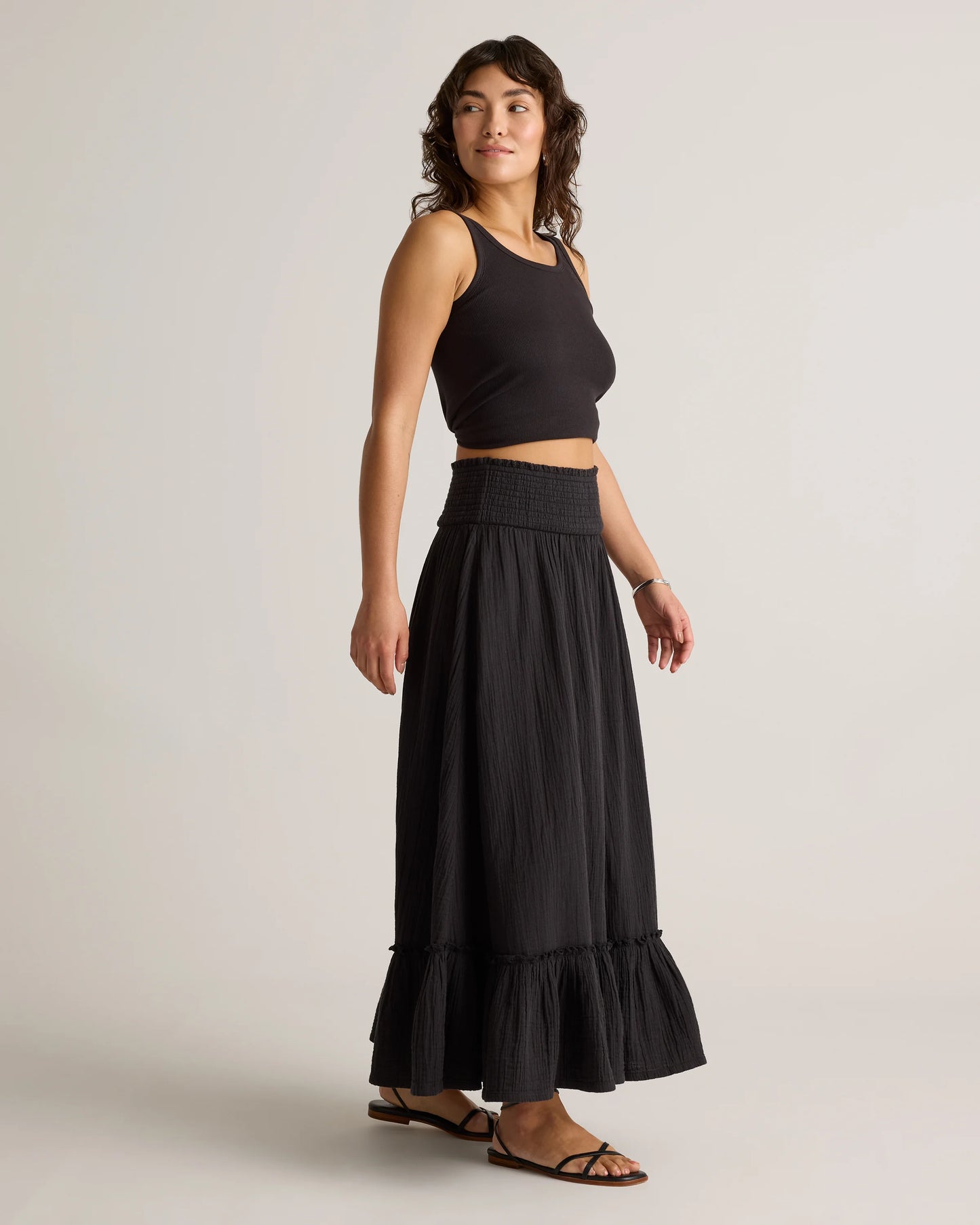 100% Organic Cotton Gauze Smocked Maxi Skirt - XS / Blue Gingham