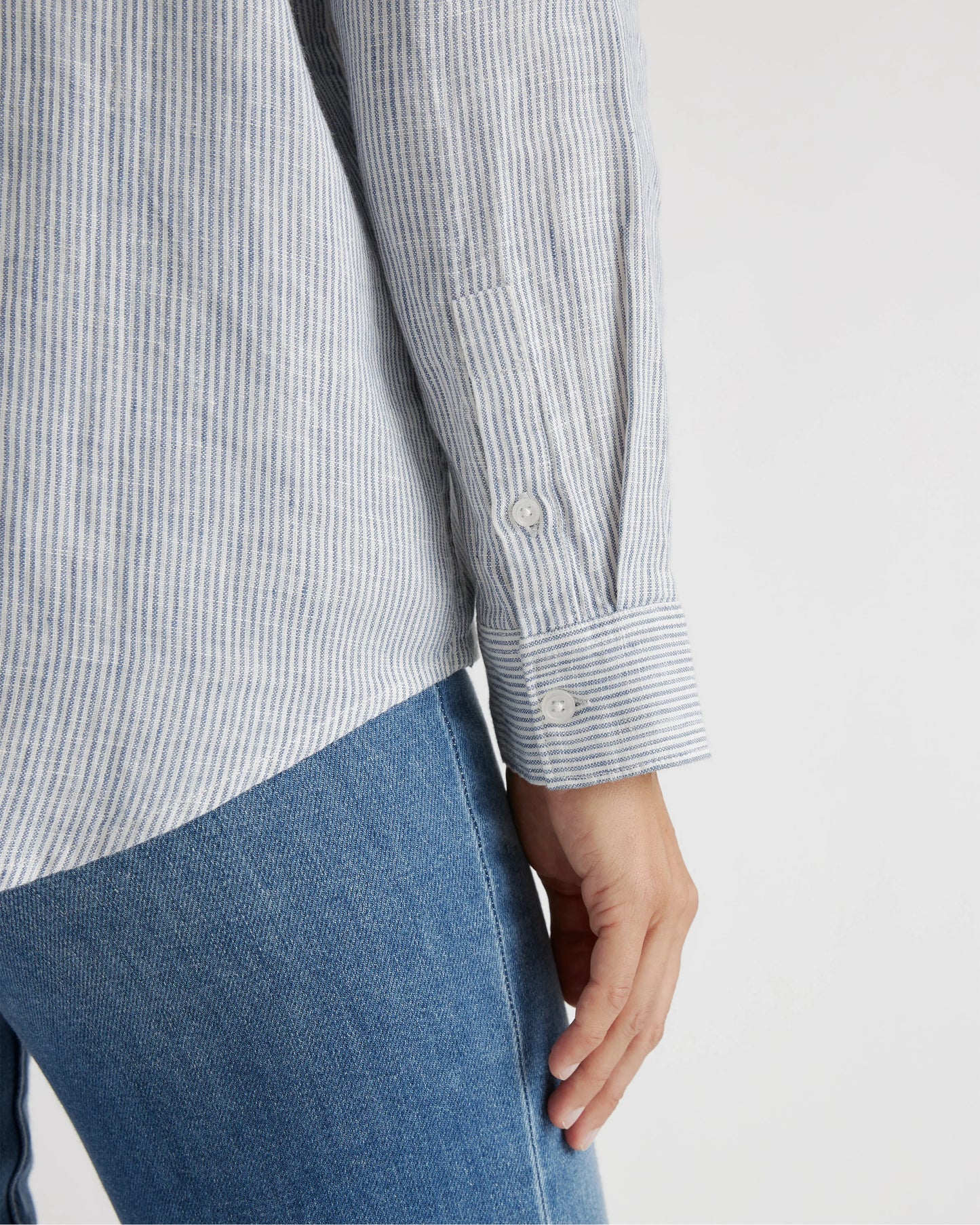 100% European Linen Maternity Long Sleeve Shirt - XS / Blue Pinstripe