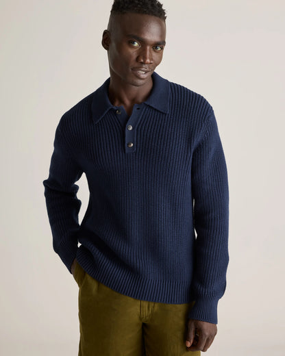 100% Organic Cotton Fisherman Polo Sweater - S / Alabaster
