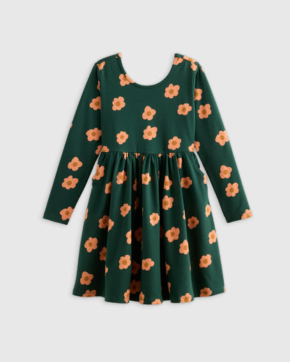 Organic Cotton Long Sleeve Skater Dress - 6 / Red Poppy Garden