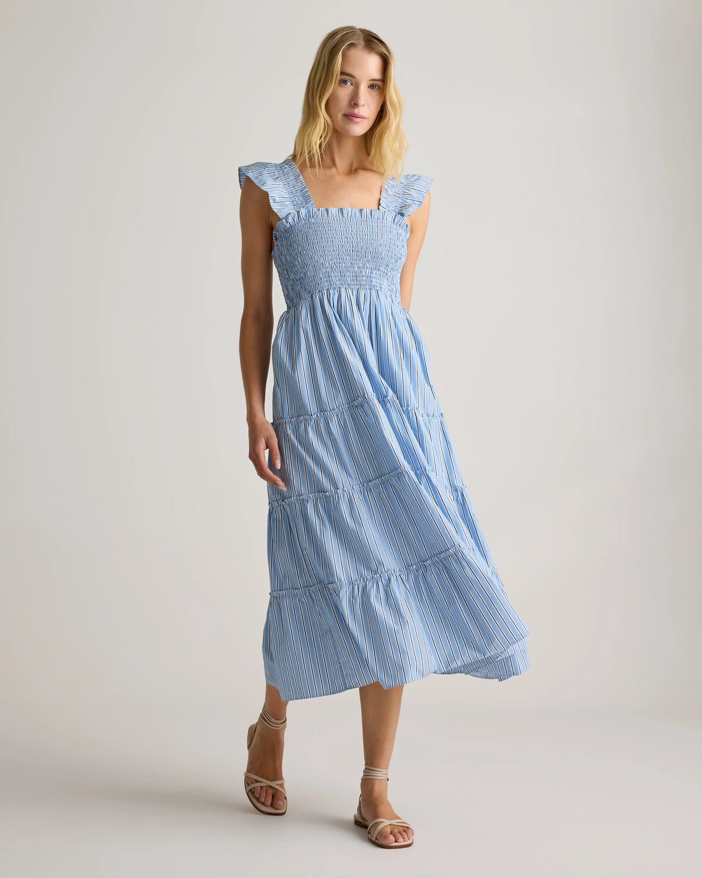 100% Organic Cotton Poplin Smocked Midi Dress - XS / Riviera Blue Heirloom Floral