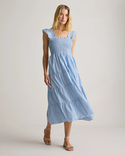 100% Organic Cotton Poplin Smocked Midi Dress - XS / Riviera Blue Heirloom Floral