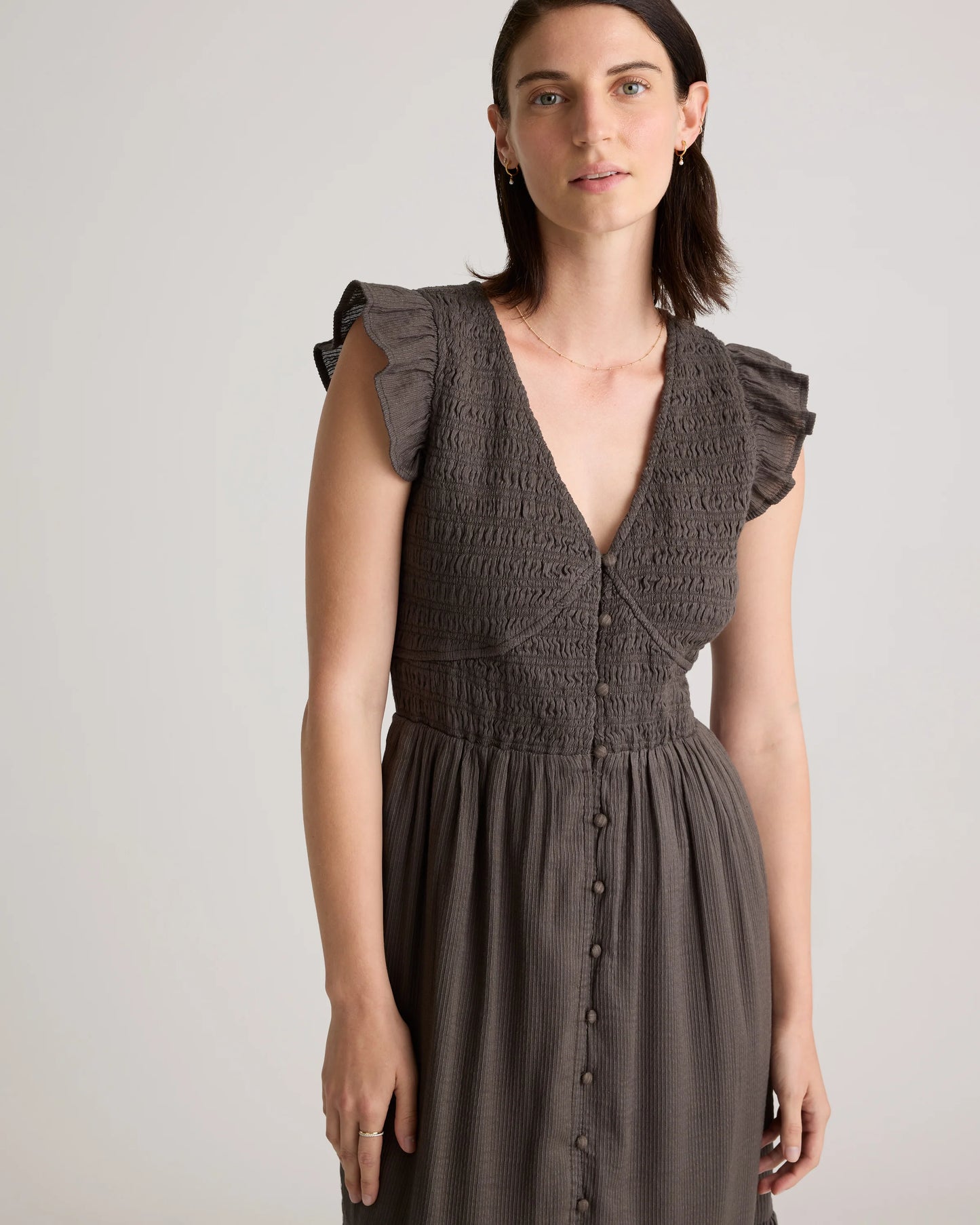 Organic Textured Cotton Smocked V-Neck Midi Dress - XS / Pale Custard Yellow