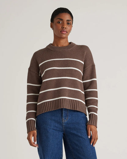 100% Organic Cotton Striped Crew Sweater - XS / Heather Brown/Ivory