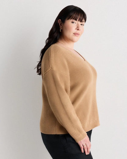 100% Organic Cotton Fisherman V-Neck Sweater - 1X / Speckled Beige