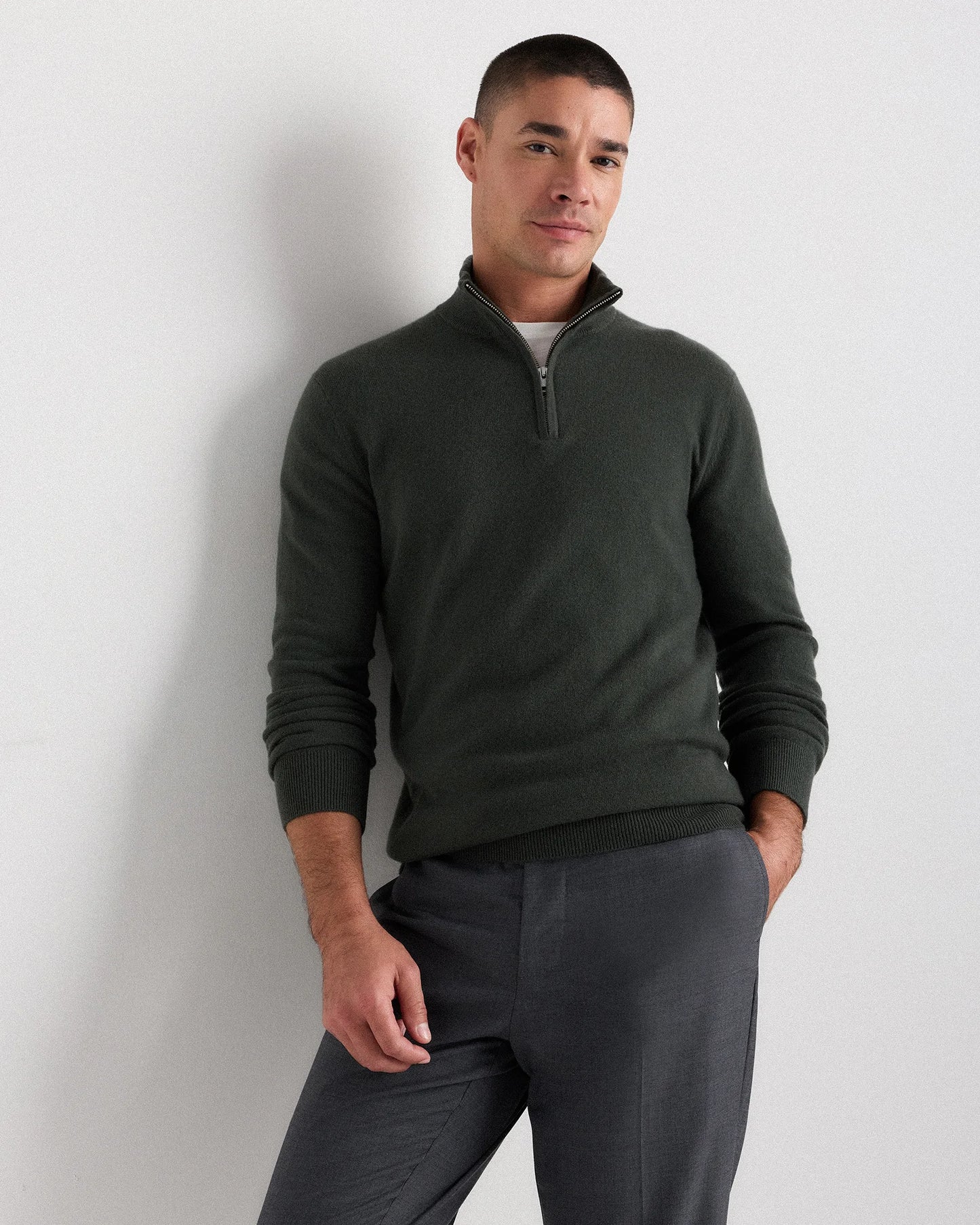 Mongolian Cashmere Quarter Zip Sweater - S / Olive Twist