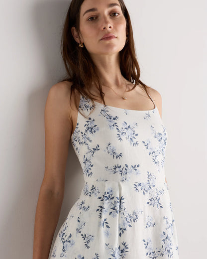 100% European Linen Scoop Neck Midi Dress - XS / Ivory Porcelain Blue Petite Floral