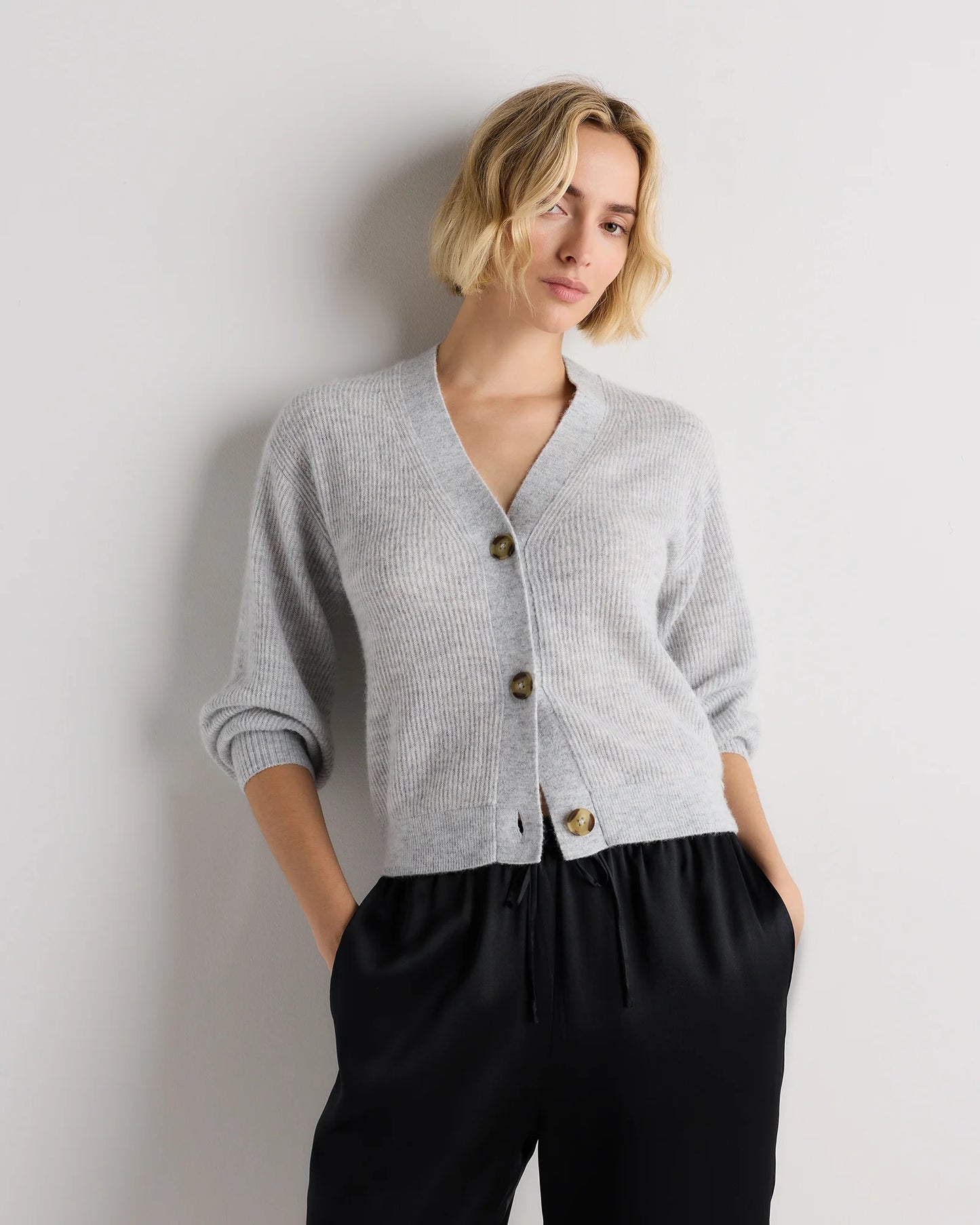 Lightweight Baby Alpaca Cropped V-Neck Cardigan - XS / Smoked Charcoal