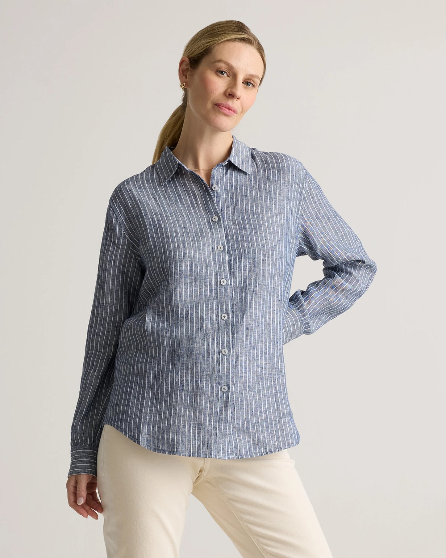 100% European Linen Maternity Long Sleeve Shirt - XS / Blue Pinstripe