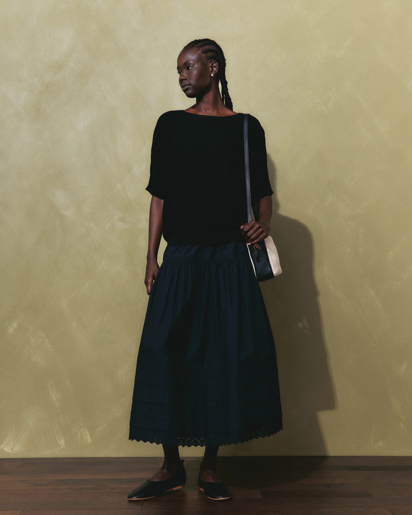 100% Organic Cotton Poplin Pintuck Maxi Skirt - XS / Black