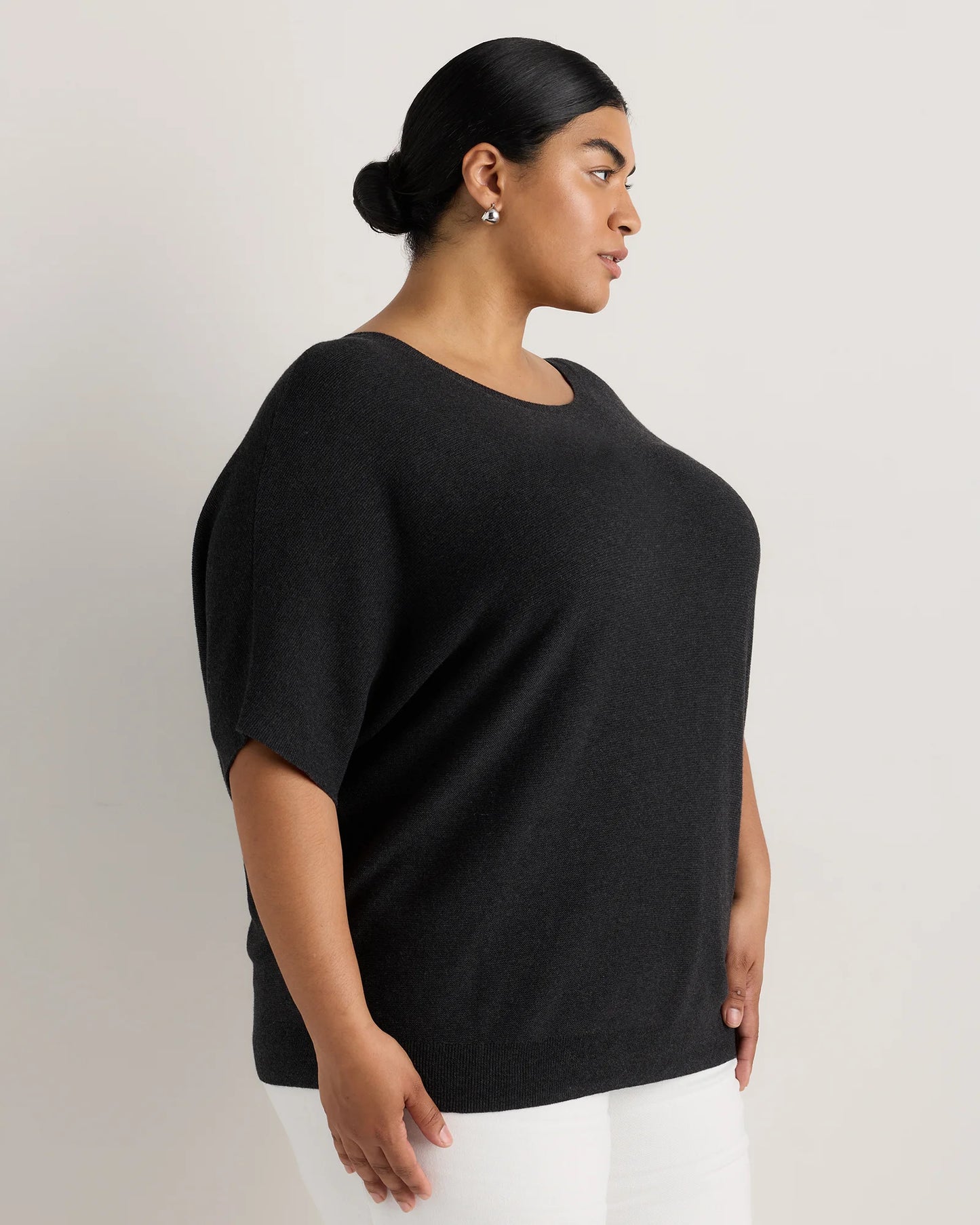 Lightweight Cotton Cashmere Link-Stitch Dolman Sweater - 1X / Orchid Blue Mini Stripe