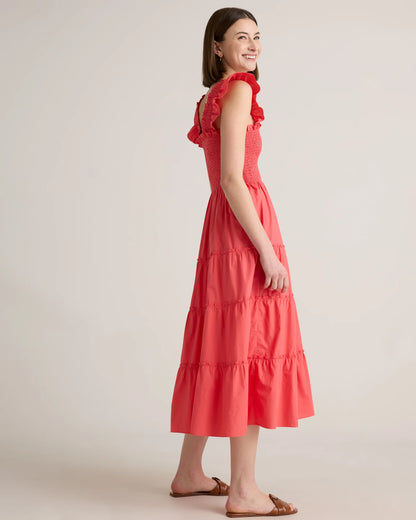 100% Organic Cotton Poplin Smocked Midi Dress - XS / Riviera Blue Heirloom Floral