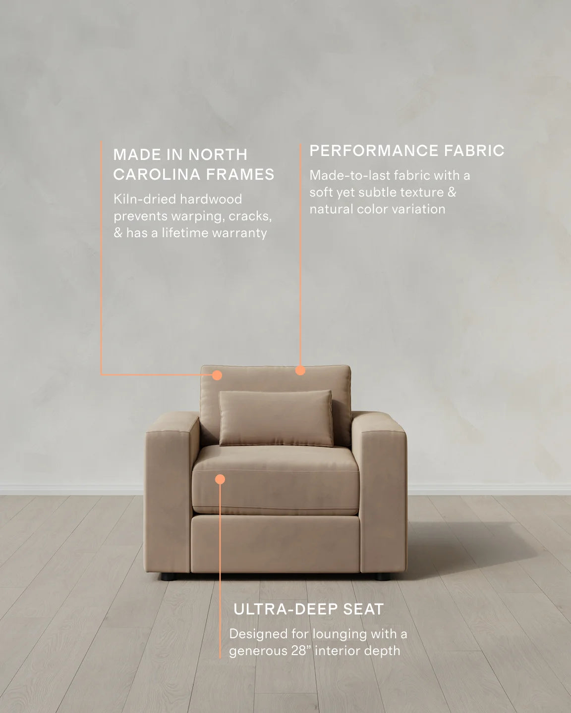 Ashford Deep Seat Chair and a Half in Performance Velvet - 46" / Caramel