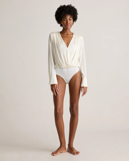 Washable Stretch Silk Surplice Bodysuit - XS / Moonstone Blue