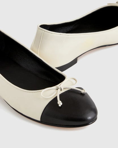 Italian Leather Cap-Toe Ballet Flat - 5 / Bone/Black