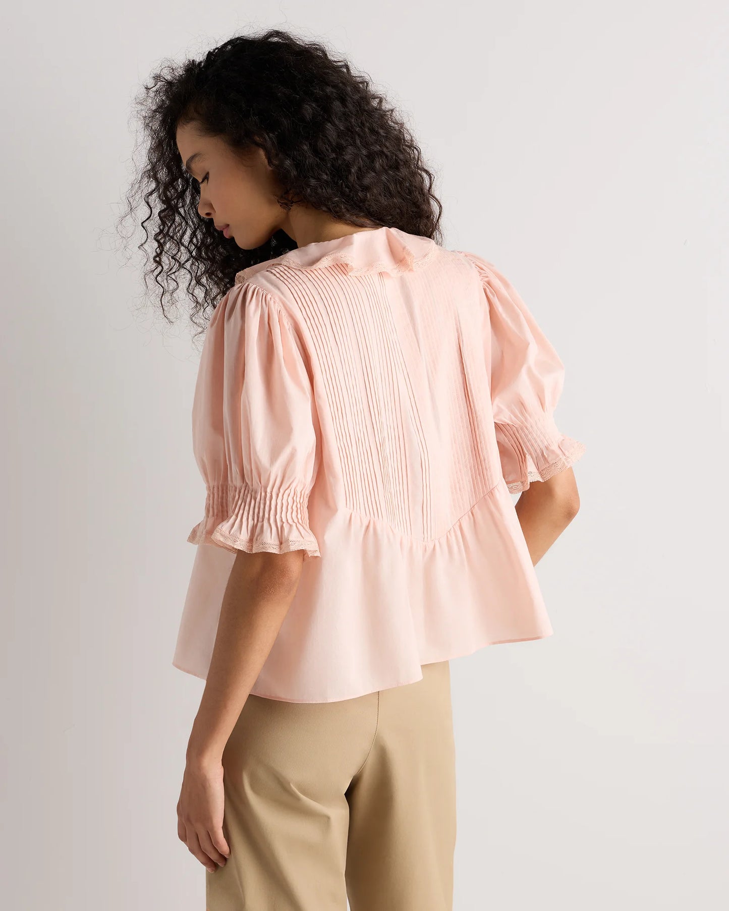 Organic Cotton Voile Short Sleeve Peasant Blouse - XS / Ballet Slipper