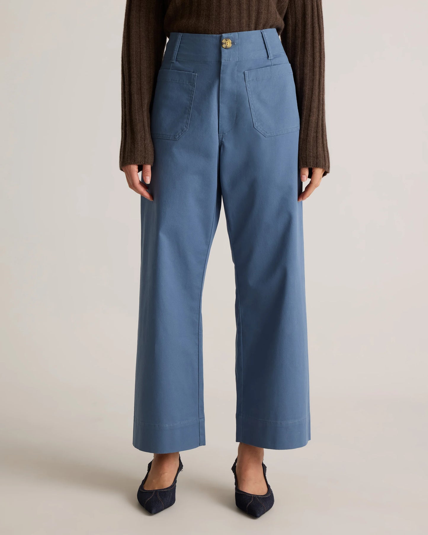 Organic Stretch Cotton Chino Cropped Wide Leg Pants - 0 / Aegean Blue