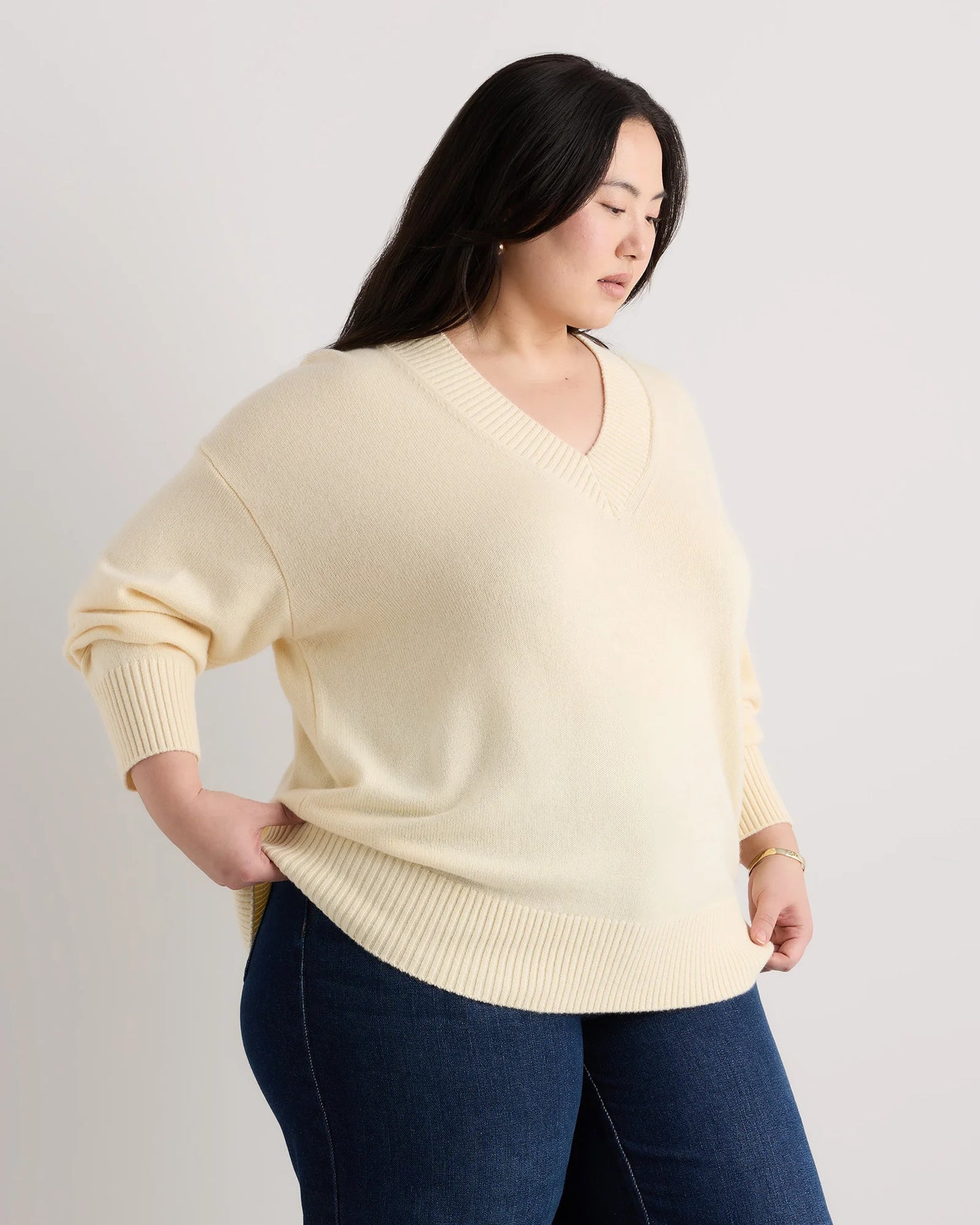Mongolian Cashmere Oversized V-Neck Sweater - 1X / Pale Custard Yellow