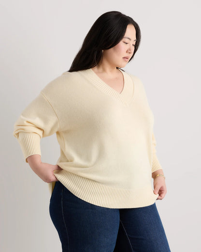 Mongolian Cashmere Oversized V-Neck Sweater - 1X / Pale Custard Yellow