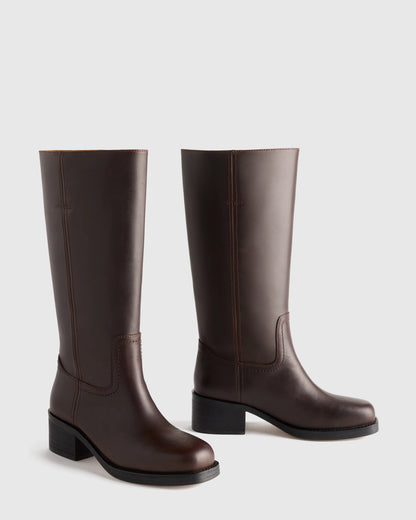Italian Leather Block Heel Boot - 5 / Chestnut