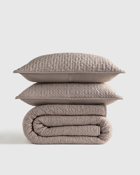 Organic Cotton Hand Stitched Quilt Set - Twin / Stone