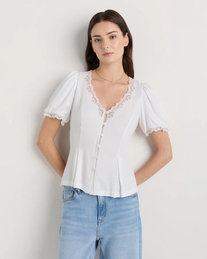 Lightweight Crepe Lace Puff Sleeve Blouse - XS / Ivory Rose Pink Petite Floral