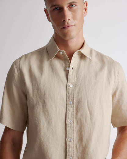 100% European Linen Relaxed Short Sleeve Shirt - XS / Taupe Brown Chambray