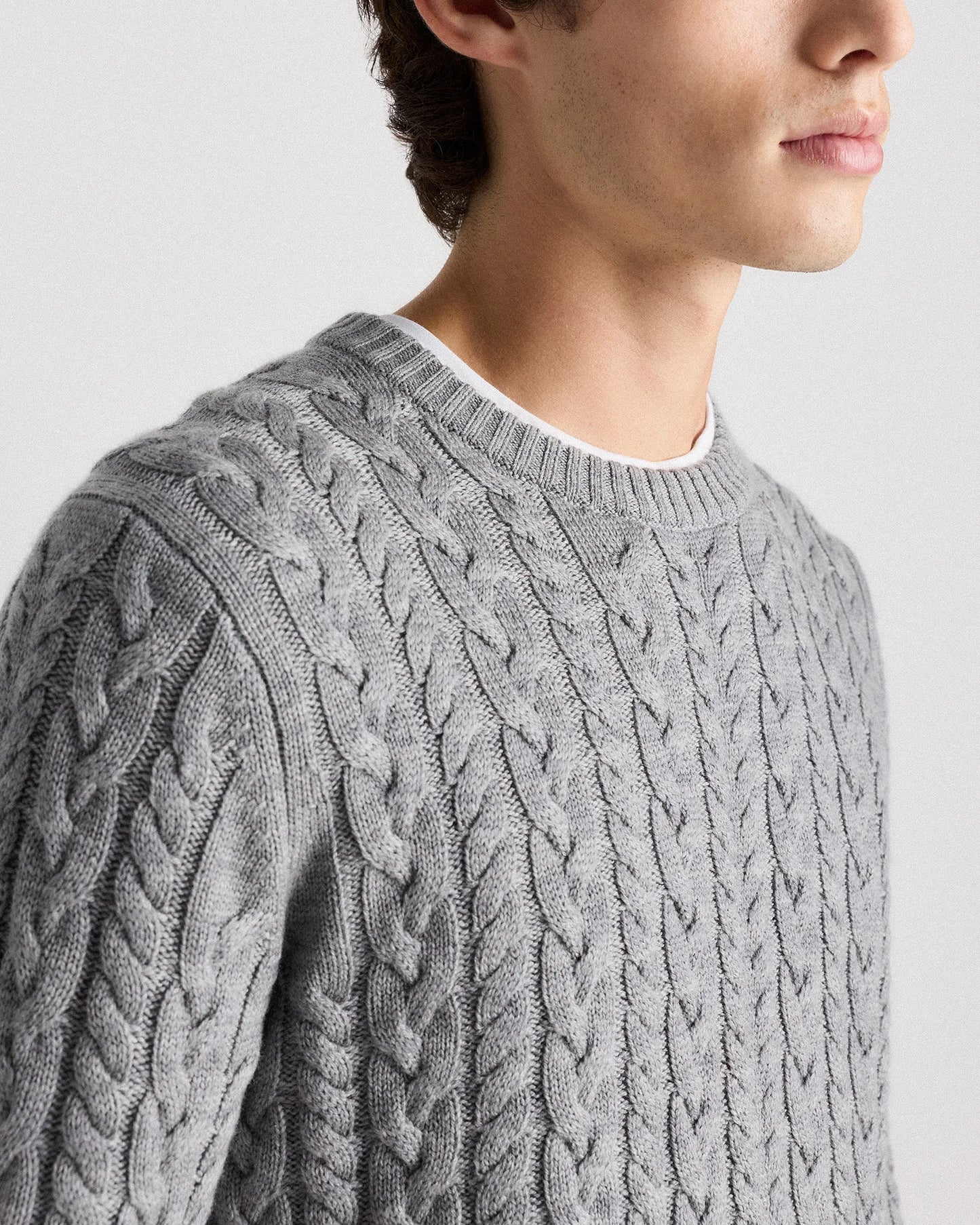 Australian Merino Wool Cable Crewneck Sweater - S / Heather Grey
