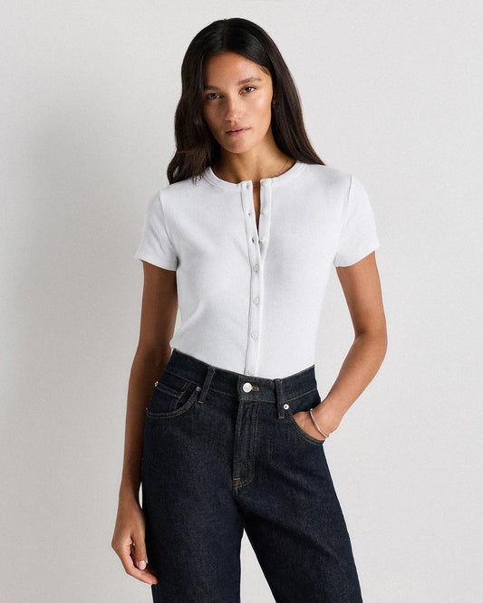 Organic Cotton Micro-Rib Button Tee - XS / Soft White