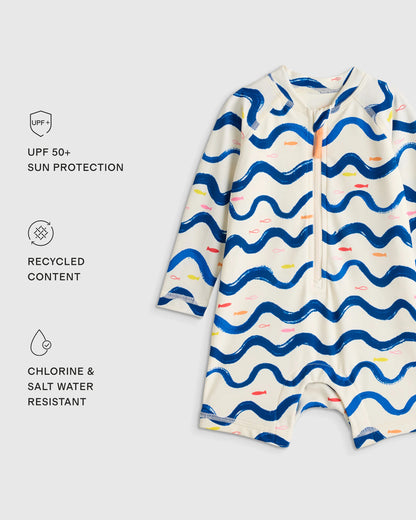 Long Sleeve Zip-Up Rash Guard One-Piece - 2T / Peri Beach Stripe