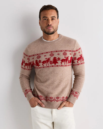 Mongolian Cashmere Fair Isle Christmas Sweater - S / Oatmeal/Varsity Red