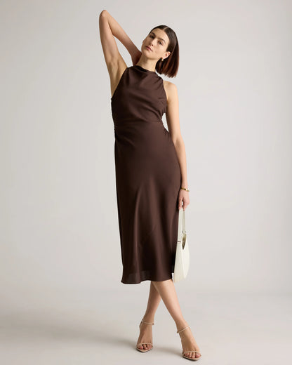Washable Stretch Silk High Neck Midi Dress - XS / Vintage Navy Roses