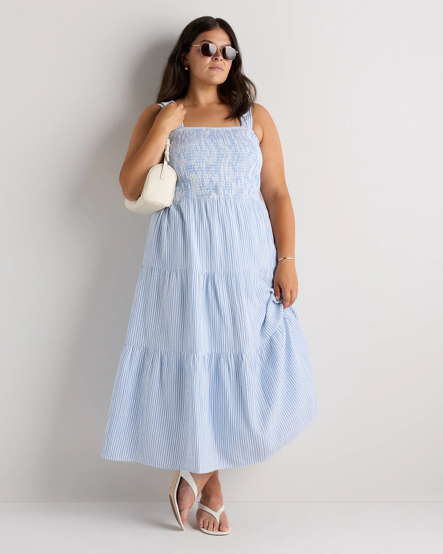 100% Organic Cotton Gauze Smocked Sleeveless Maxi Dress - 1X / Ocean Breeze
