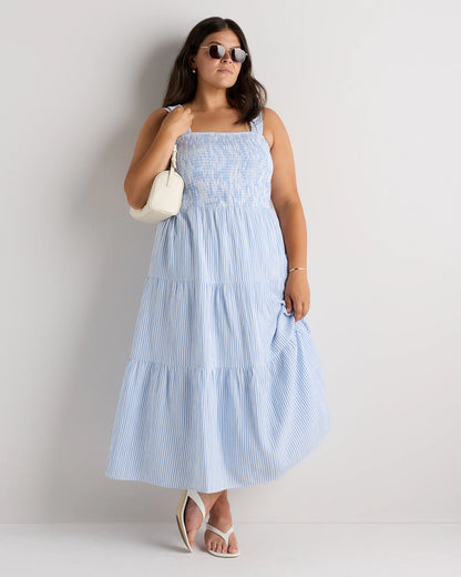 100% Organic Cotton Gauze Smocked Sleeveless Maxi Dress - 1X / Ocean Breeze