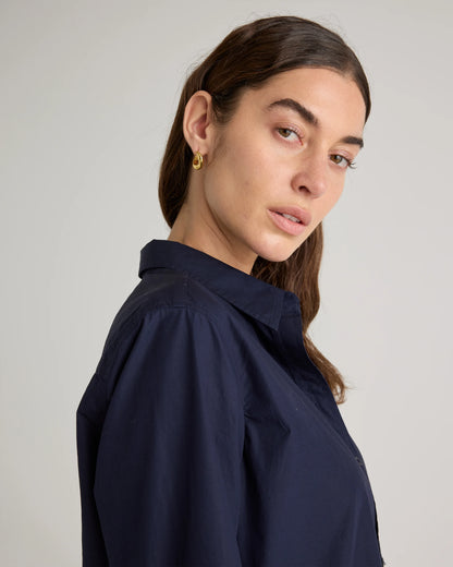 100% Organic Cotton Poplin Long Sleeve Shirt - XS / Delta Blue Double Stripe