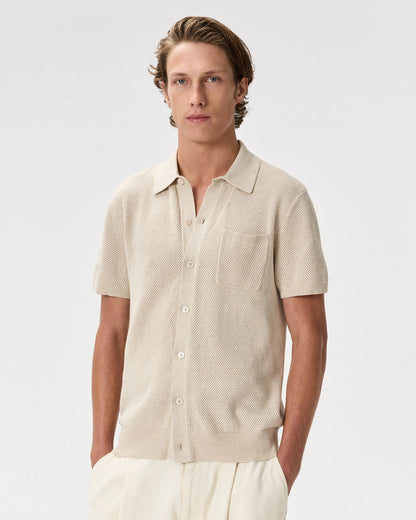 100% Organic Cotton Mesh-Stitch Button-Up Sweater Polo - XS / Speckled Beige