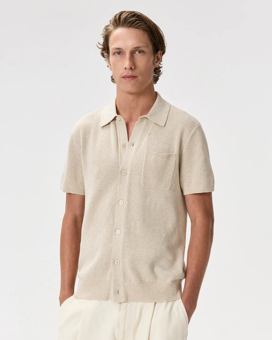 100% Organic Cotton Mesh-Stitch Button-Up Sweater Polo - XS / Speckled Beige