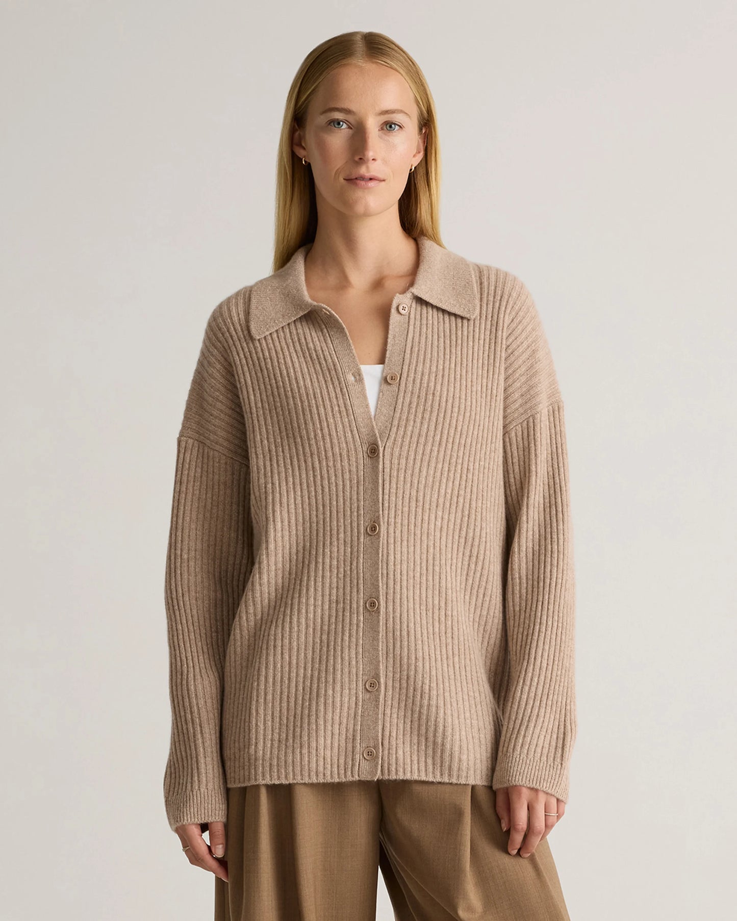 Mongolian Cashmere Wide-Rib Oversized Collared Cardigan - XS / Oatmeal