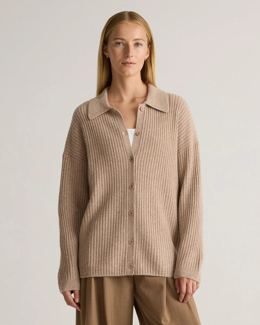 Mongolian Cashmere Wide-Rib Oversized Collared Cardigan - XS / Oatmeal