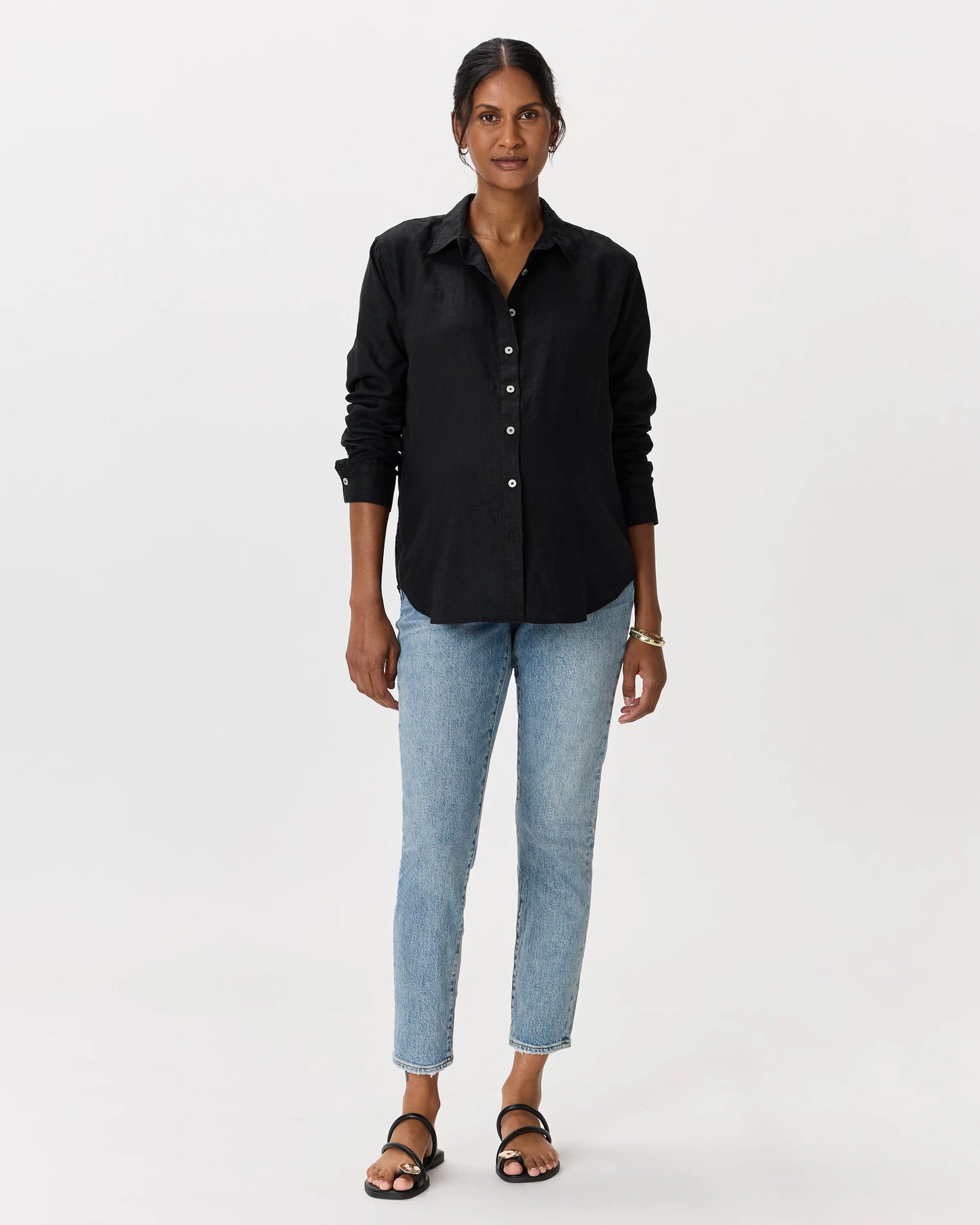 100% European Linen Maternity Long Sleeve Shirt - XS / Blue Pinstripe